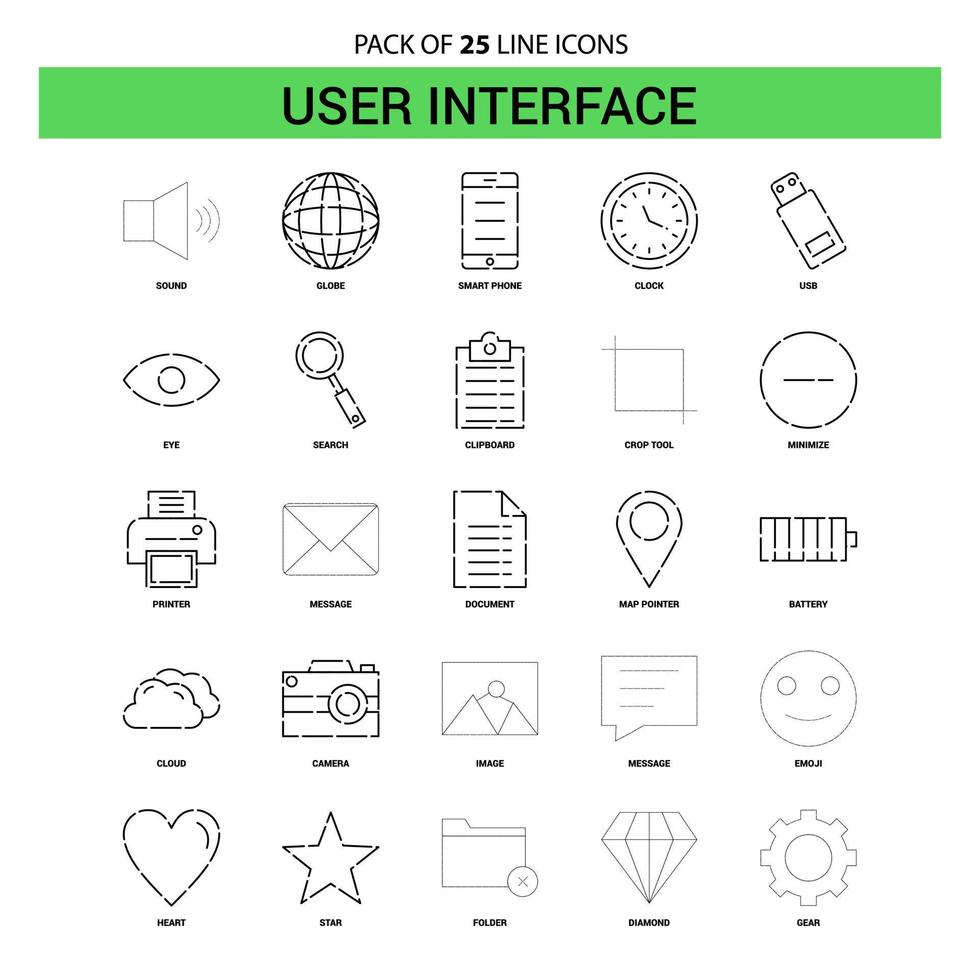 conjunto de iconos de línea de interfaz de usuario 25 estilo de contorno discontinuo vector