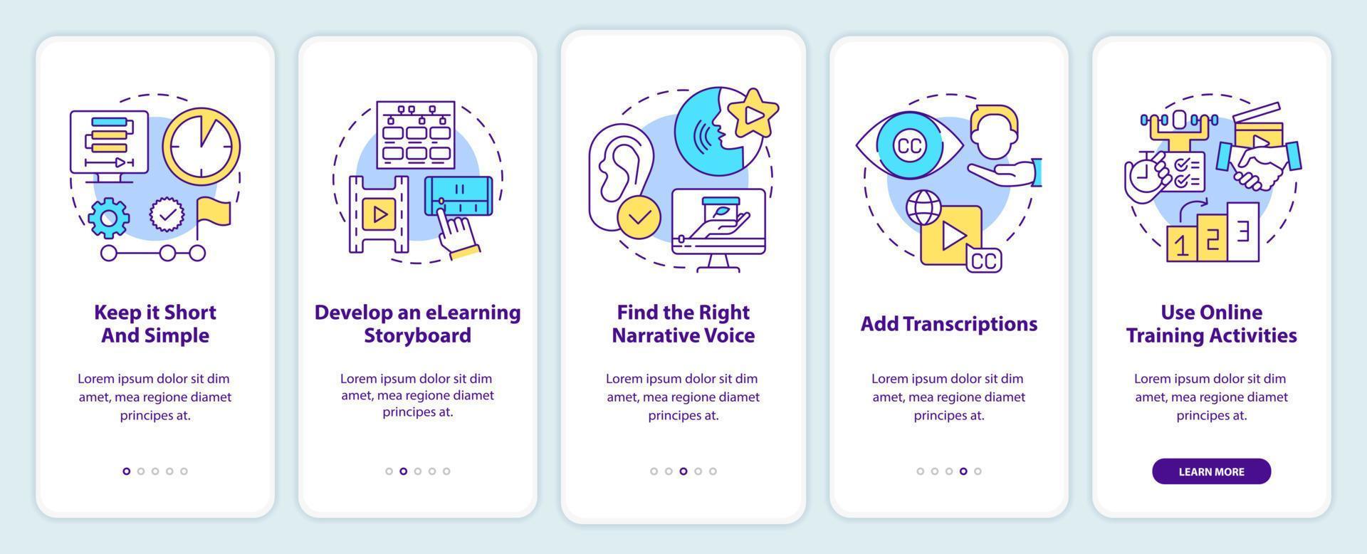 Sales online training videos onboarding mobile app screen. Walkthrough 5 steps editable graphic instructions with linear concepts. UI, UX, GUI template. vector