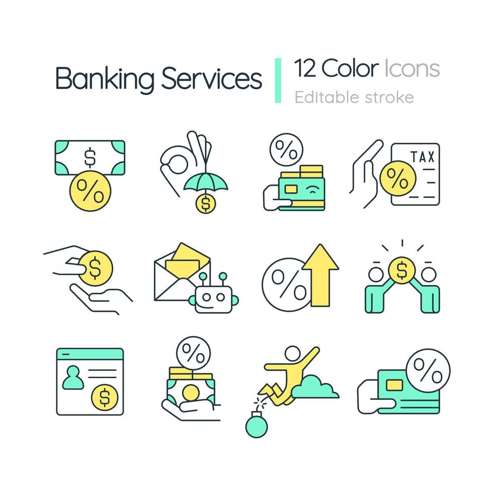 Banking services RGB color icons set. Financial products for customers. Isolated vector illustrations. Simple filled line drawings collection. Editable stroke.