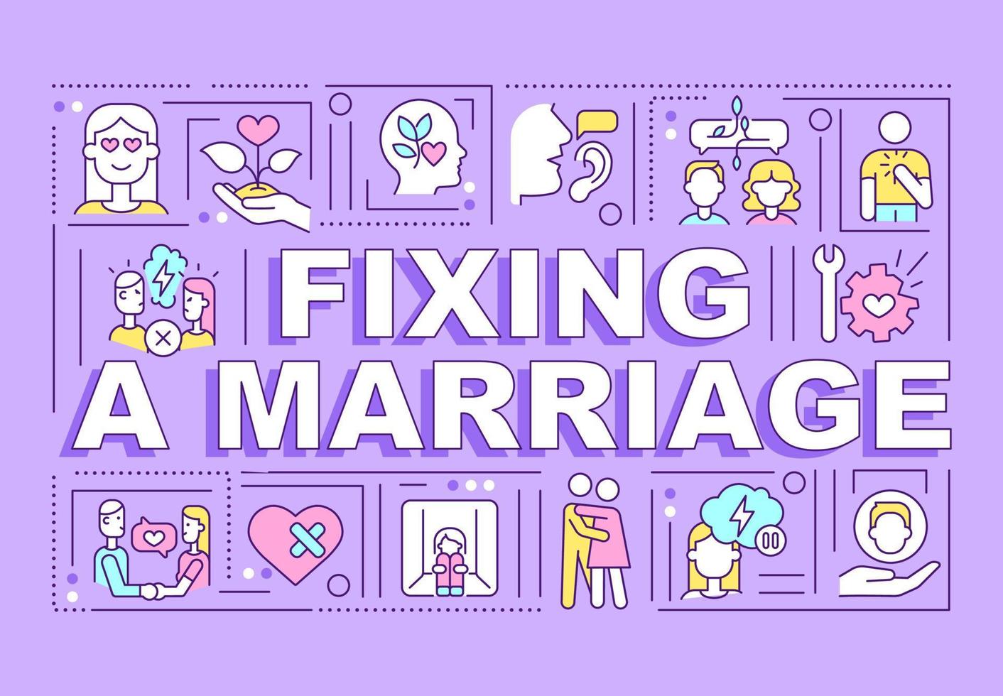 Fixing marriage word concepts purple banner. Healthy communication. Infographics with editable icons on color background. Isolated typography. Vector illustration with text.