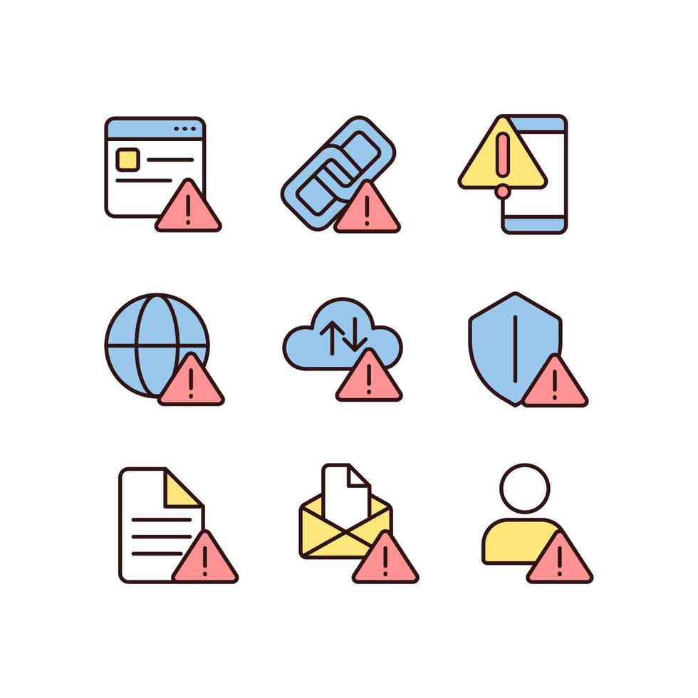 Network connect issues pixel perfect RGB color icons set. Access problem. Internet connection interruption. Isolated vector illustrations. Simple filled line drawings collection. Editable stroke