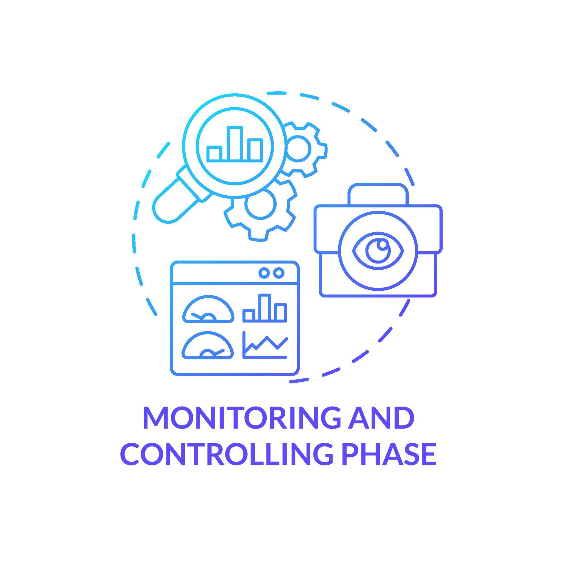 Monitoring and controlling phase blue gradient concept icon. Reviewing ...