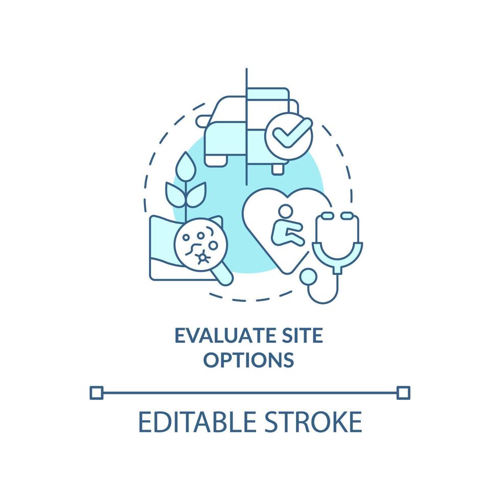 Evaluate site options turquoise concept icon. Environment. Housing development tip abstract idea thin line illustration. Isolated outline drawing. Editable stroke. vector