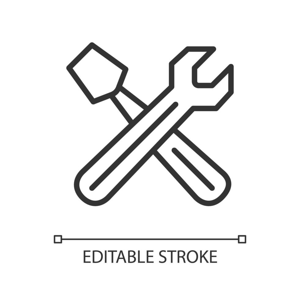 Hand tools linear icon. Automobile repair workshop. Settings menu. Maintenance. Wrench and screwdriver. Thin line illustration. Contour symbol. Vector outline drawing. Editable stroke.