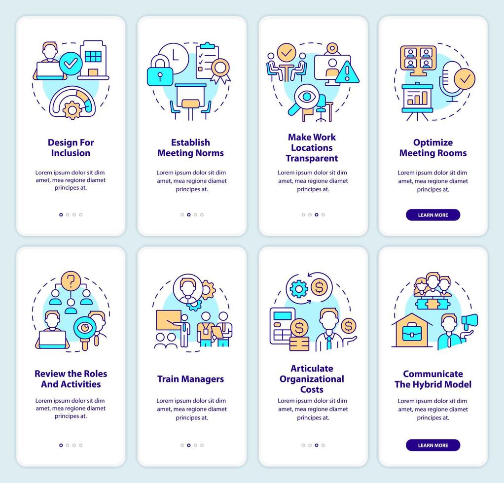 Hybrid workplace onboarding mobile app screen set. Transformation walkthrough 5 steps editable graphic instructions with linear concepts. UI, UX, GUI template. vector