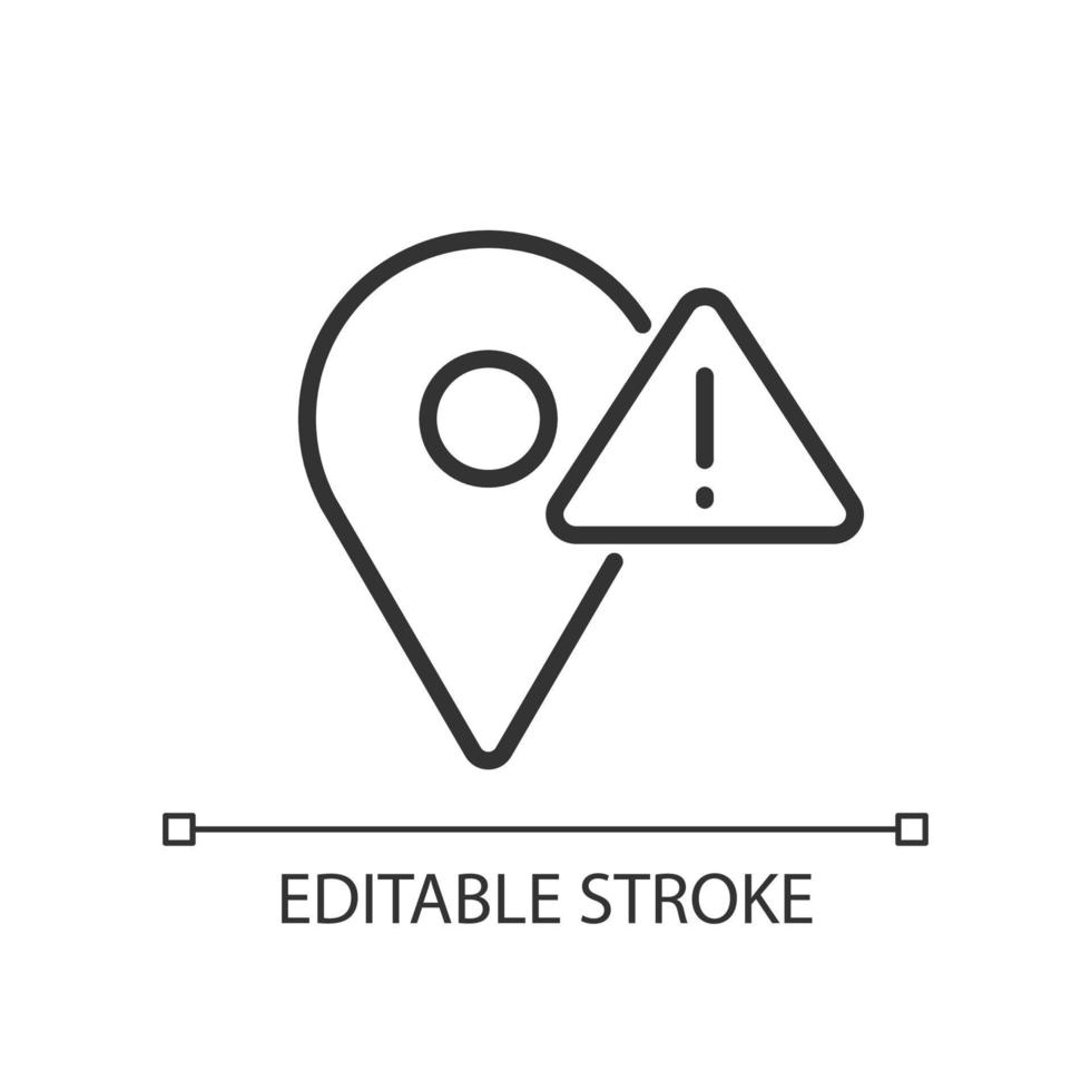 Location error pixel perfect linear icon. Navigation system failure. Can not find destination point. Thin line illustration. Contour symbol. Vector outline drawing. Editable stroke.