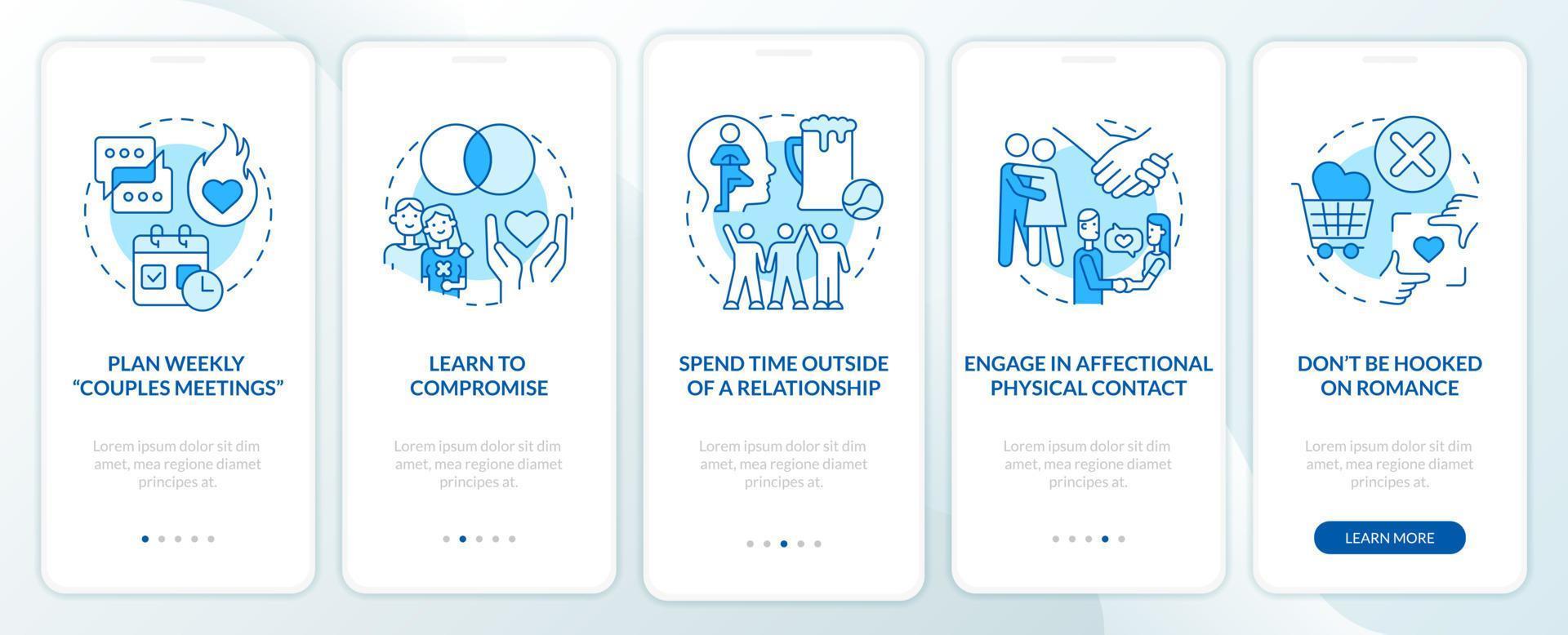 Live-in relationship tips for couple blue onboarding mobile app screen. Walkthrough 5 steps editable graphic instruction with linear concepts. UI, UX, GUI template. vector