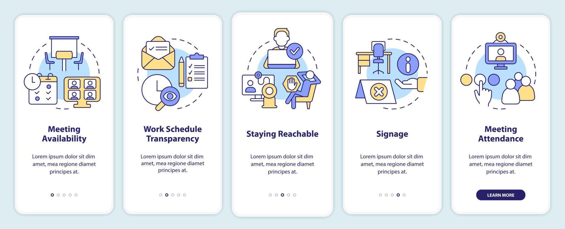 ubicaciones de trabajo y horarios que incorporan la pantalla de la aplicación móvil. tutorial 5 pasos instrucciones gráficas editables con conceptos lineales. interfaz de usuario, ux, plantilla de interfaz gráfica de usuario. vector