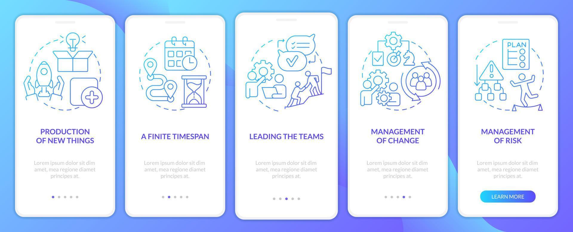 Project management blue gradient onboarding mobile app screen. Organization walkthrough 5 steps graphic instructions with linear concepts. UI, UX, GUI template. vector