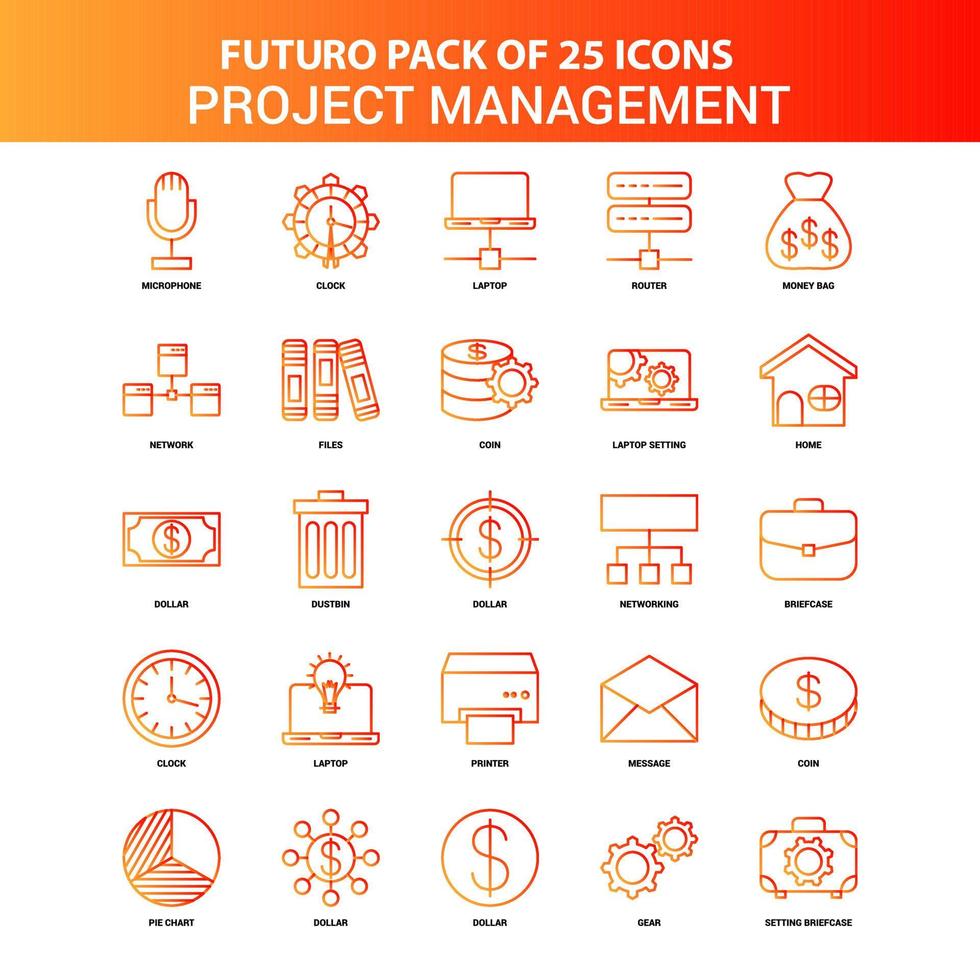 naranja futuro 25 conjunto de iconos de gestión de proyectos vector