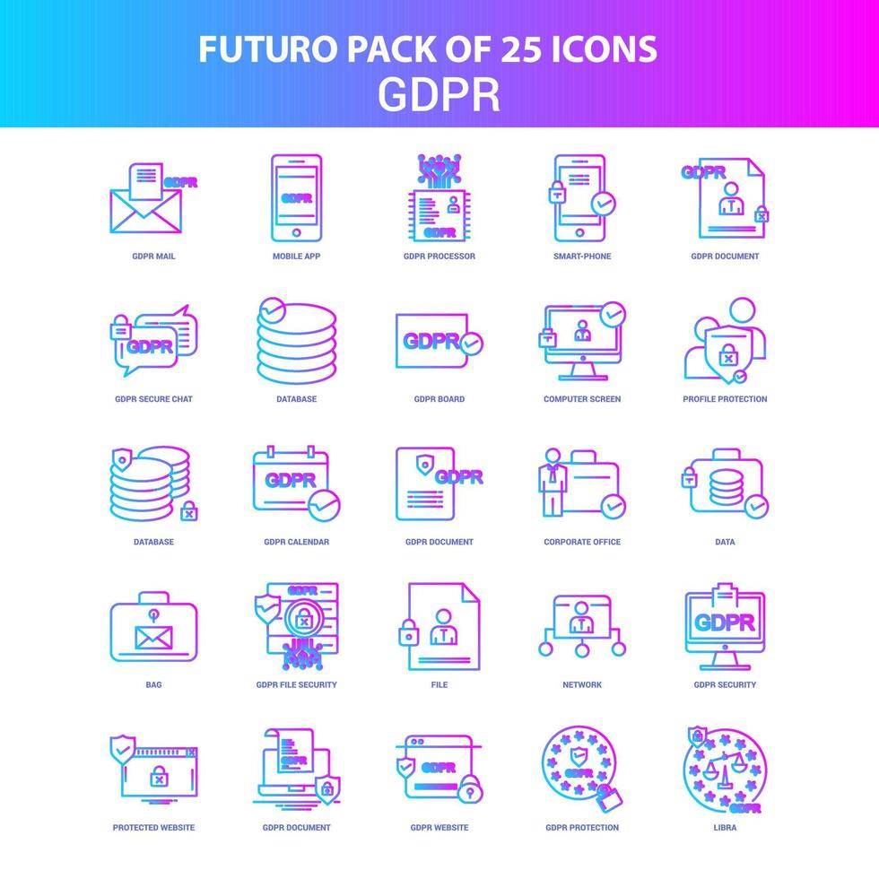 25 Blue and Pink Futuro GDPR Icon Pack vector