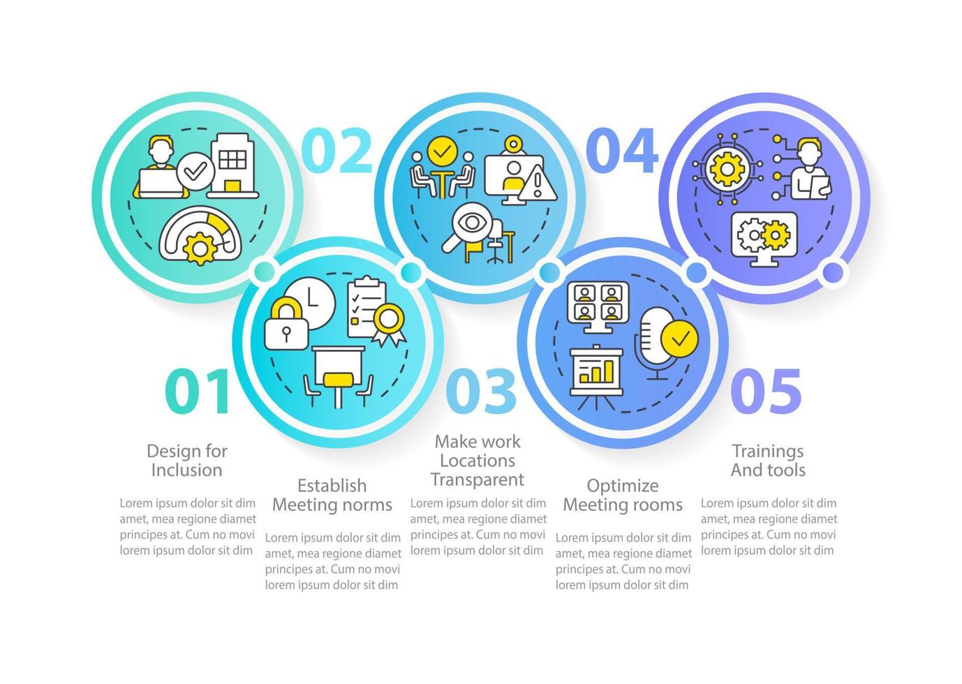 Creating hybrid workplace circle infographic template. Workplace. Data visualization with 5 steps. Editable timeline info chart. Workflow layout with line icons. vector