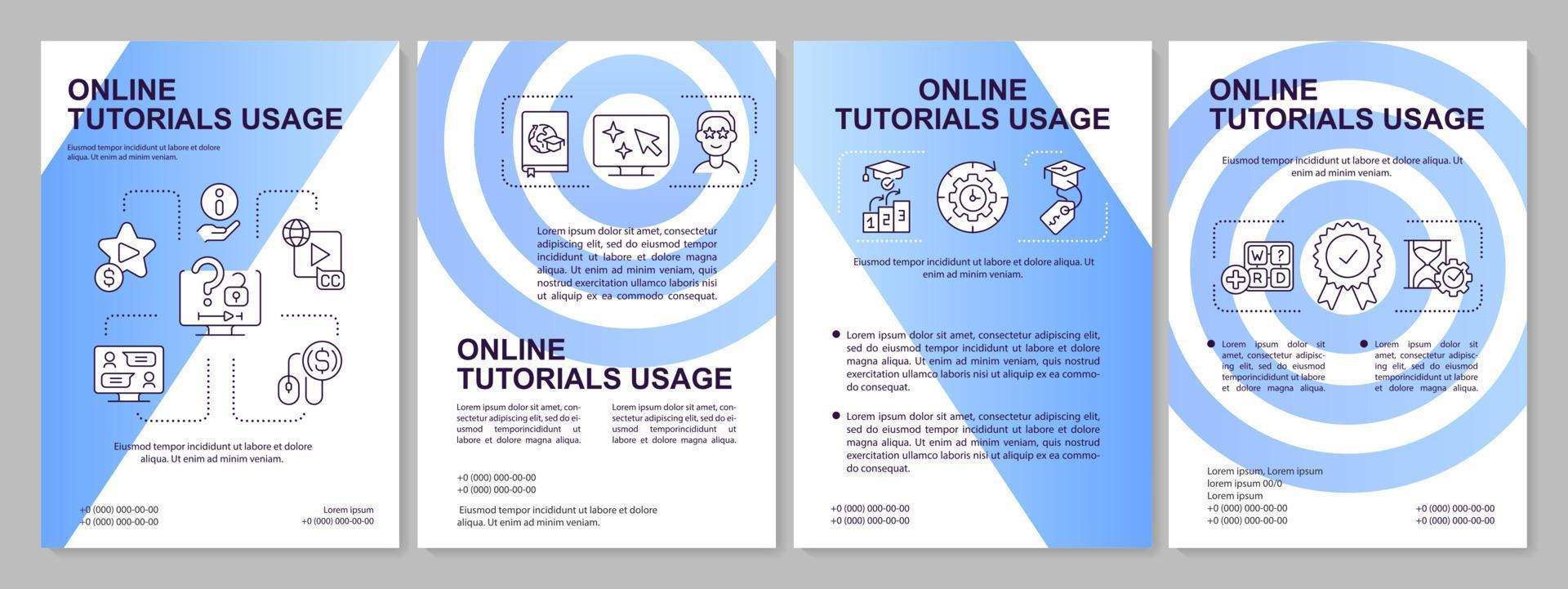 Plantilla de folleto de degradado azul de uso de tutoriales en línea. y aprendizaje. diseño de folletos con iconos lineales. 4 diseños vectoriales para presentación, informes anuales. vector