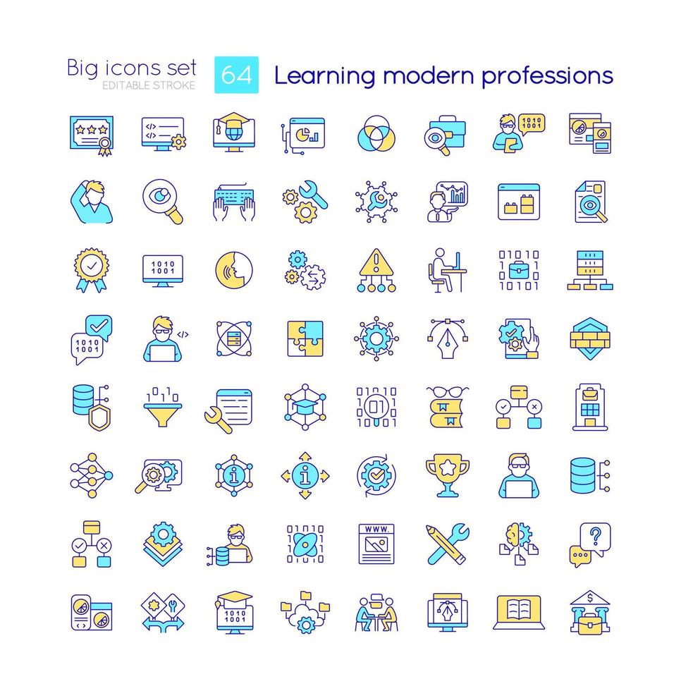 Learning modern professions RGB color icons set. Professional education. Isolated vector illustrations. Simple filled line drawings collection. Editable stroke.
