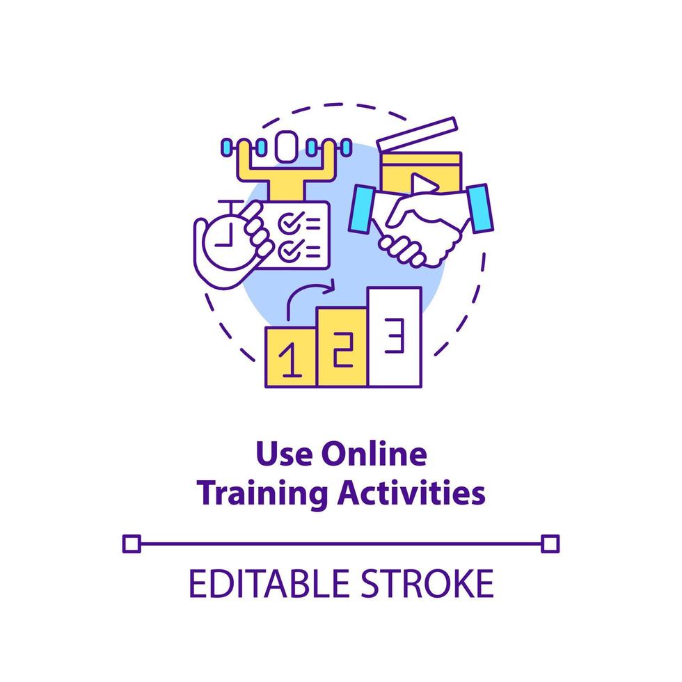 Use online training activities concept icon. Practice. Remote learning via video abstract idea thin line illustration. Isolated outline drawing. Editable stroke. vector