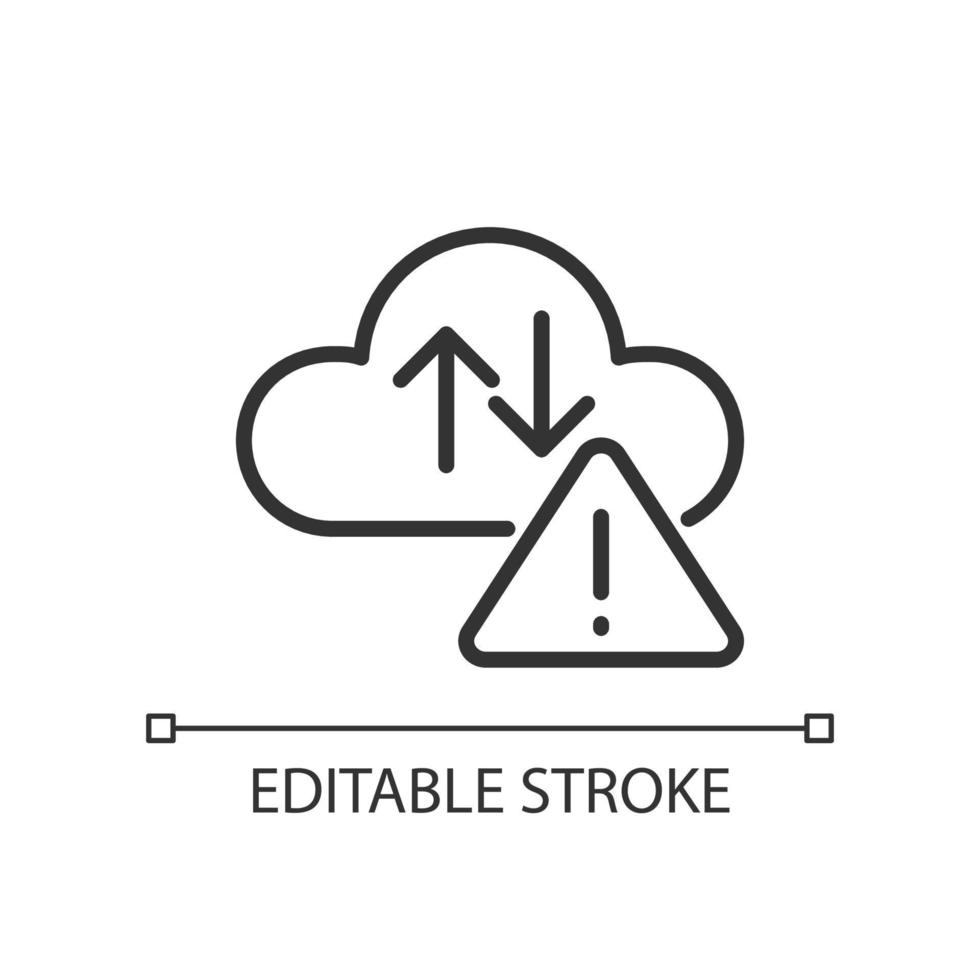 Cloud error pixel perfect linear icon. Internet storage capacity. Upload and download issue. Thin line illustration. Contour symbol. Vector outline drawing. Editable stroke.