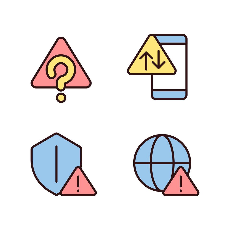 Internet connection issues pixel perfect RGB color icons set. Unknown system error. Smartphone data problem. Isolated vector illustrations. Simple filled line drawings collection. Editable stroke