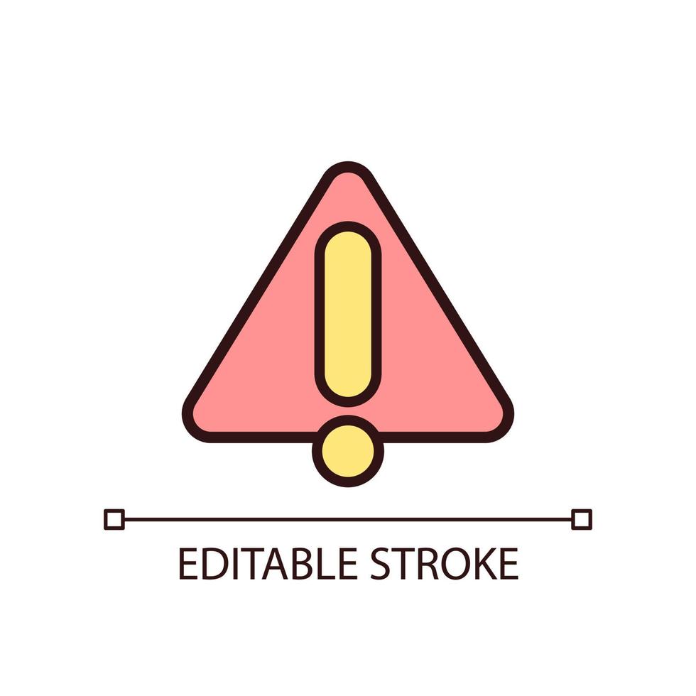 Warning sign pixel perfect RGB color icon. Danger awareness. Important information. Drawing attention. Isolated vector illustration. Simple filled line drawing. Editable stroke.