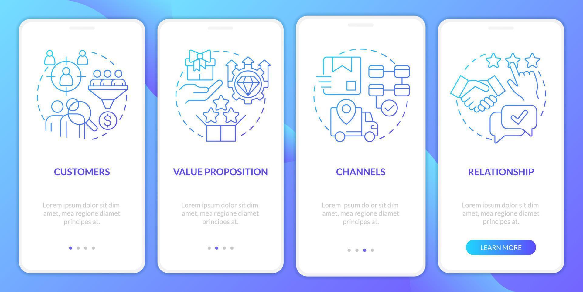 Business model canvas blue gradient onboarding mobile app screen. Management walkthrough 4 steps graphic instructions with linear concepts. UI, UX, GUI template. vector