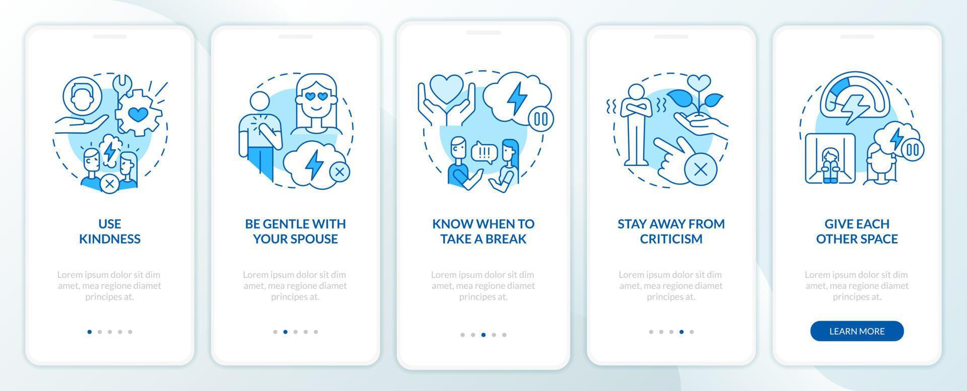 Fixing broken marriage blue onboarding mobile app screen. Walkthrough 5 steps editable graphic instructions with linear concepts. UI, UX, GUI template. vector