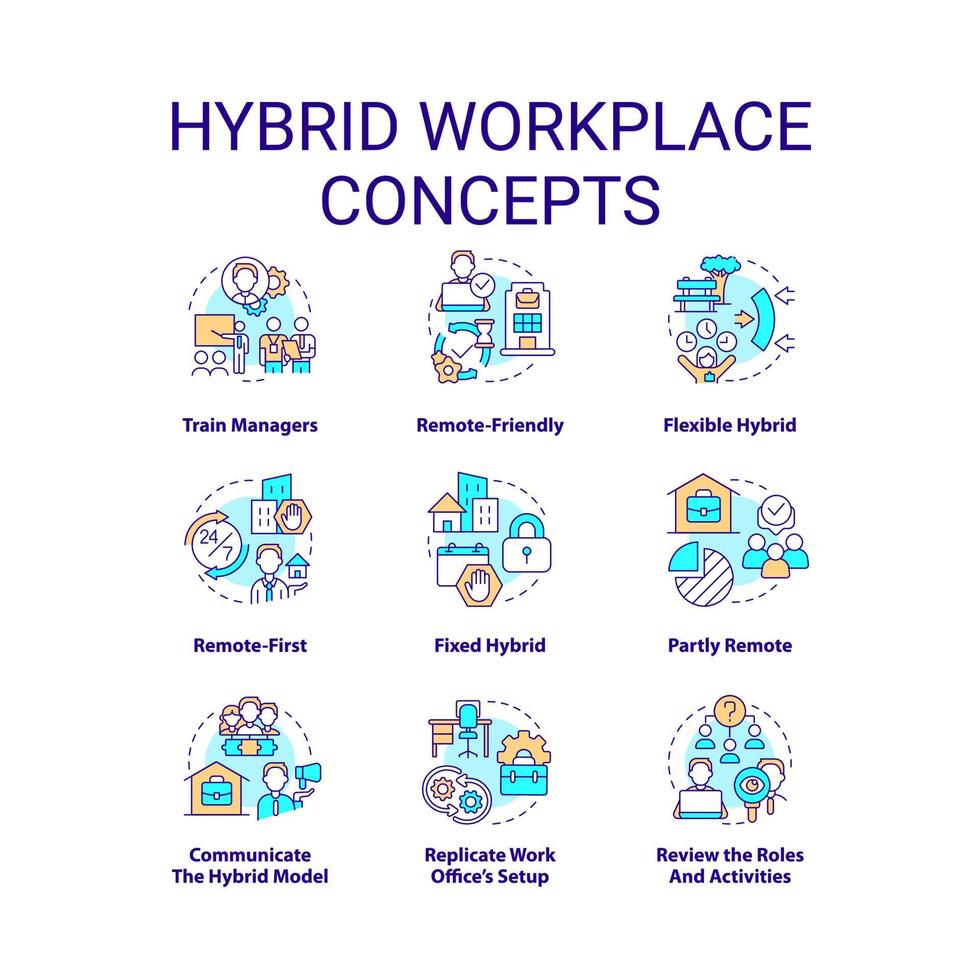 Hybrid workplace concept icons set. Remote and in office work shifts. Flexible schedule idea thin line color illustrations. Isolated symbols. Editable stroke. vector