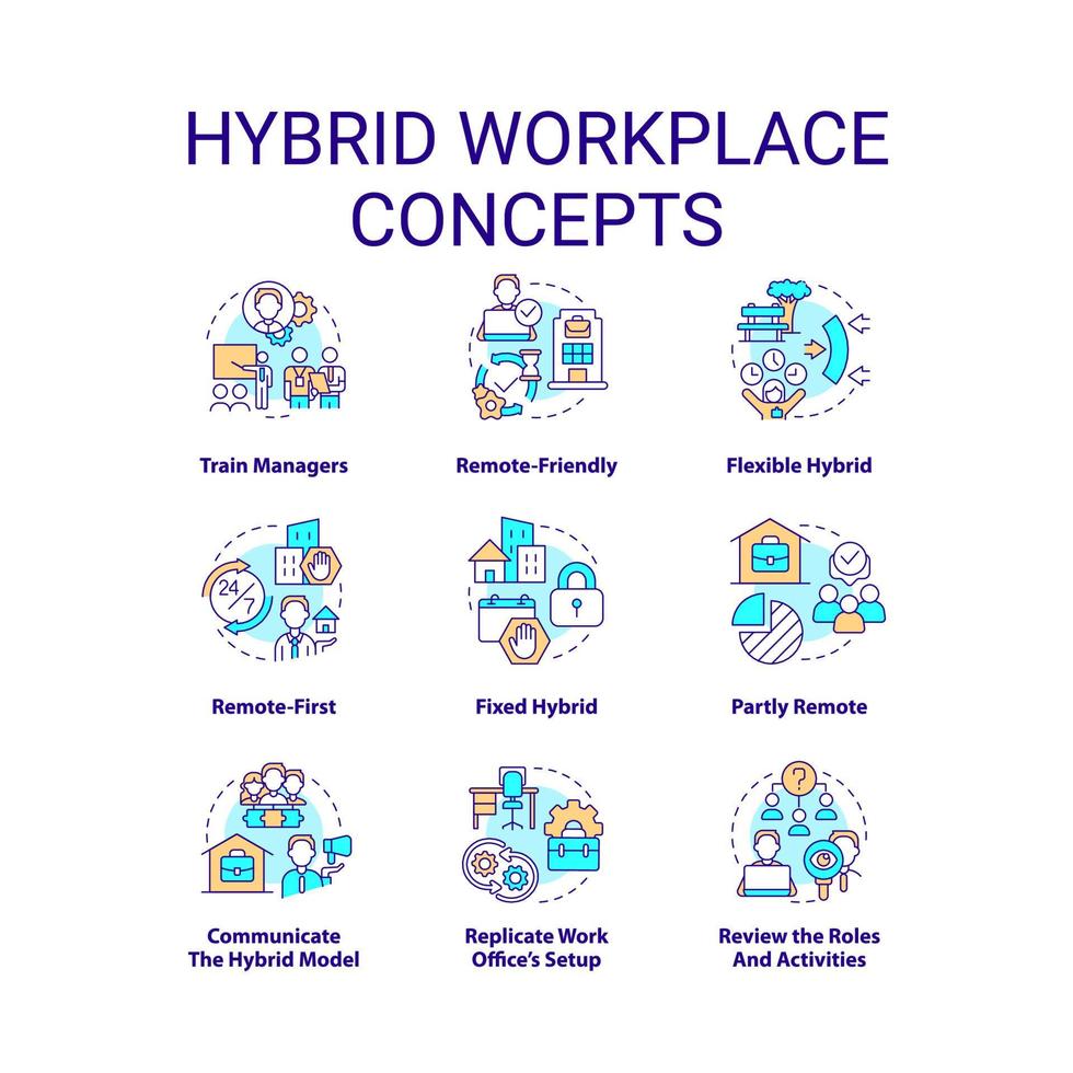 conjunto de iconos de concepto de lugar de trabajo híbrido. turnos de trabajo remoto y en oficina. horario flexible idea ilustraciones en color de línea delgada. símbolos aislados. trazo editable. vector