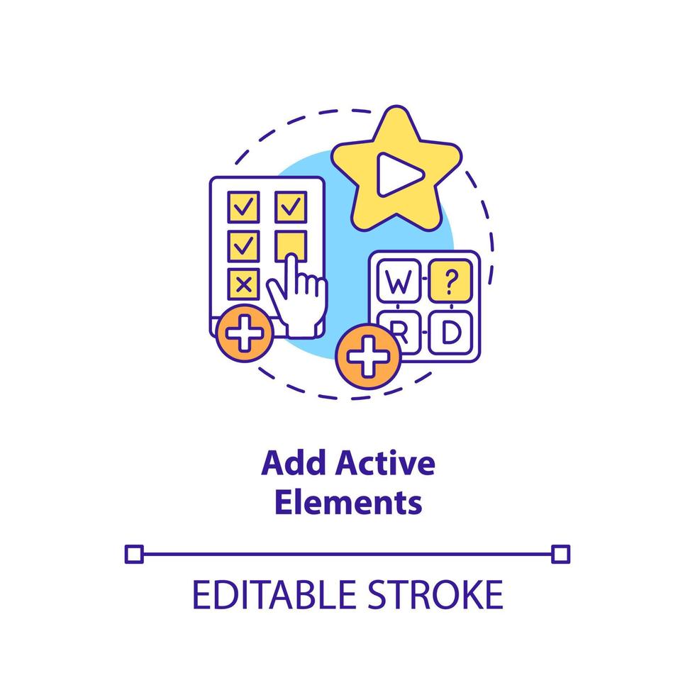 Add active elements concept icon. Interactive assignment. E Learning video tip abstract idea thin line illustration. Isolated outline drawing. Editable stroke. vector