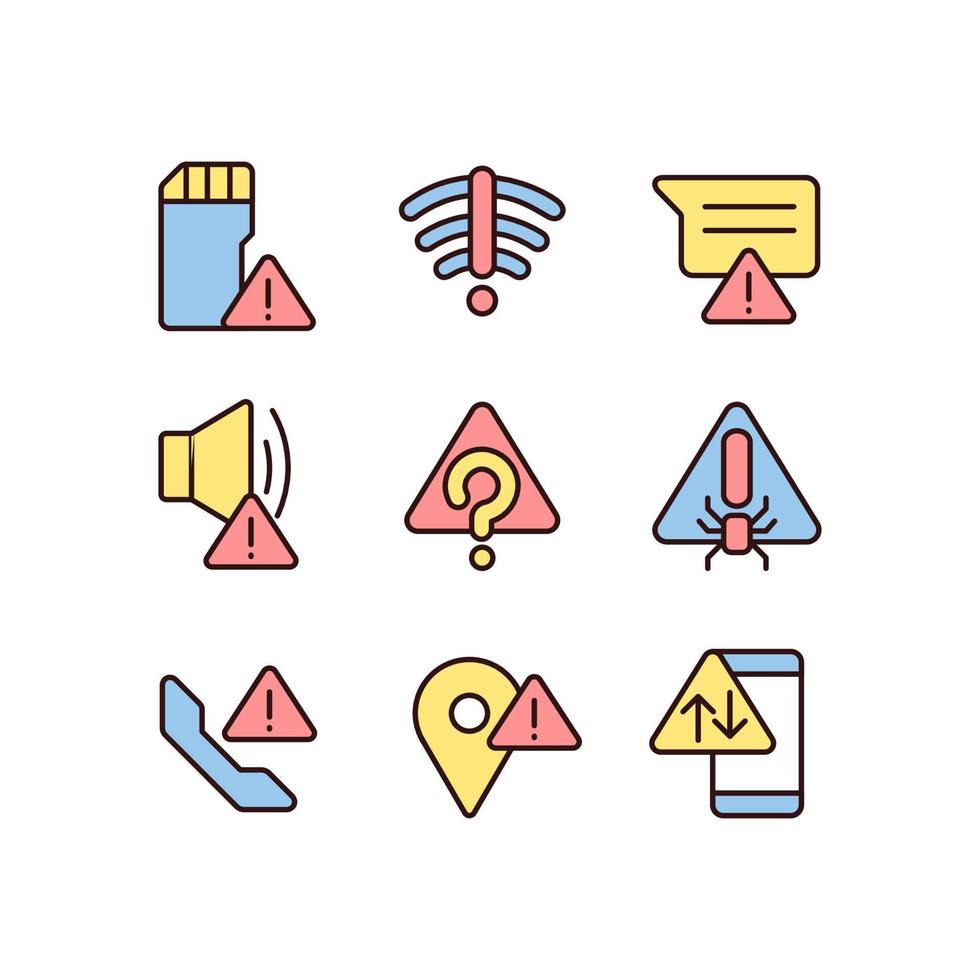 Common electronic device issues pixel perfect RGB color icons set. Warning signal. Computer problem. Isolated vector illustrations. Simple filled line drawings collection. Editable stroke