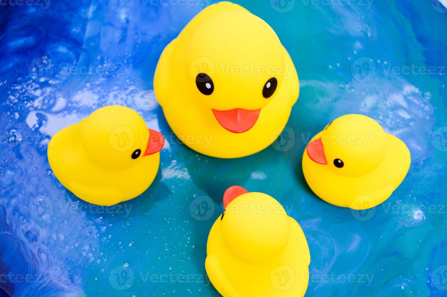 Beautiful yellow rubber bathtub toy ducks swim on a blue water background photo