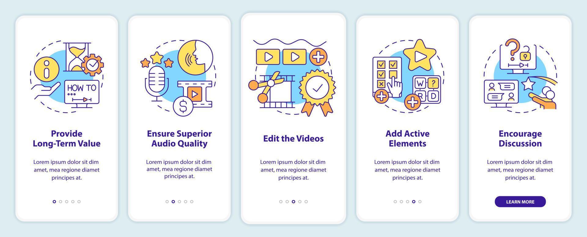 Elearning video tips onboarding mobile app screen. Walkthrough 5 steps editable graphic instructions with linear concepts. UI, UX, GUI template. vector