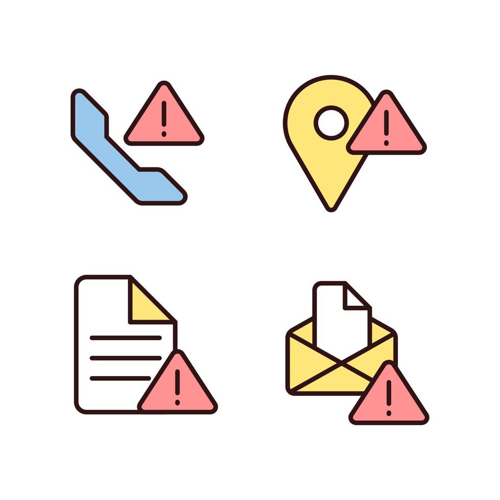 Communication problems pixel perfect RGB color icons set. Document is not sent. Calling error. Messenger issue. Isolated vector illustrations. Simple filled line drawings collection. Editable stroke
