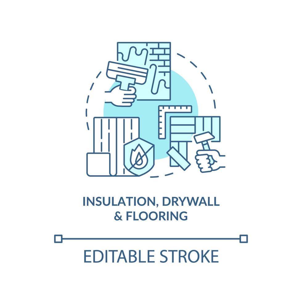 Insulation, drywall and flooring turquoise concept icon. Phase of home building abstract idea thin line illustration. Isolated outline drawing. Editable stroke. vector