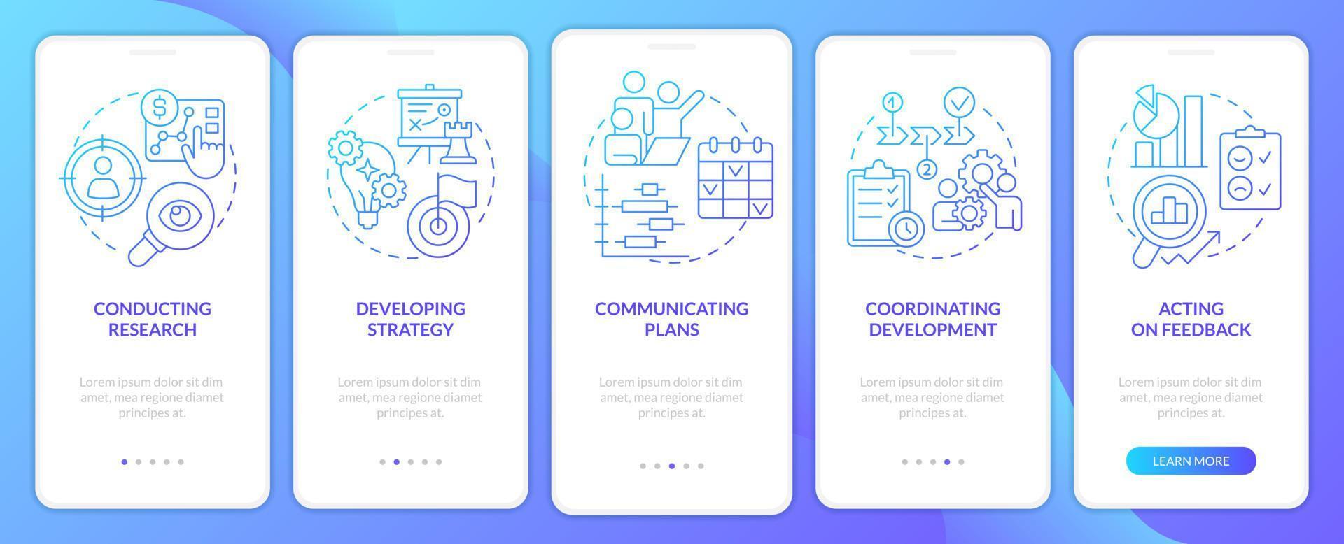 Product management blue gradient onboarding mobile app screen. Business walkthrough 5 steps graphic instructions with linear concepts. UI, UX, GUI template. vector