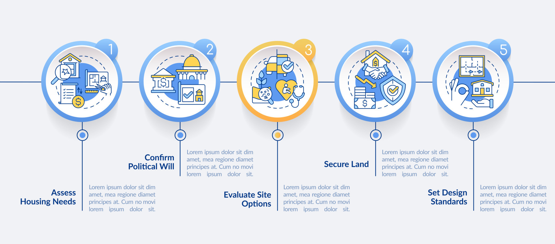 Housing development tips circle infographic template. Project. Data