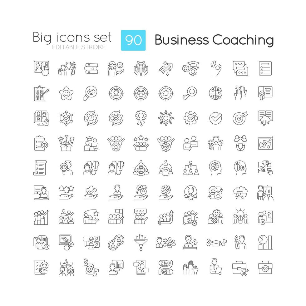 Business training programs linear icons set. Leadership skills. Strategic planning. Providing feedback. Customizable thin line symbols. Isolated vector outline illustrations. Editable stroke