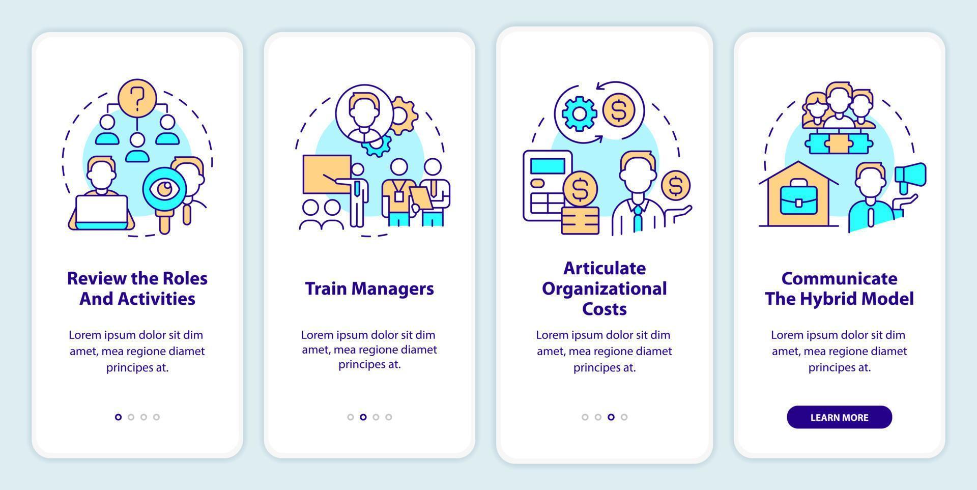 Steps to transformation onboarding mobile app screen. Remote work walkthrough 4 steps editable graphic instructions with linear concepts. UI, UX, GUI template. vector