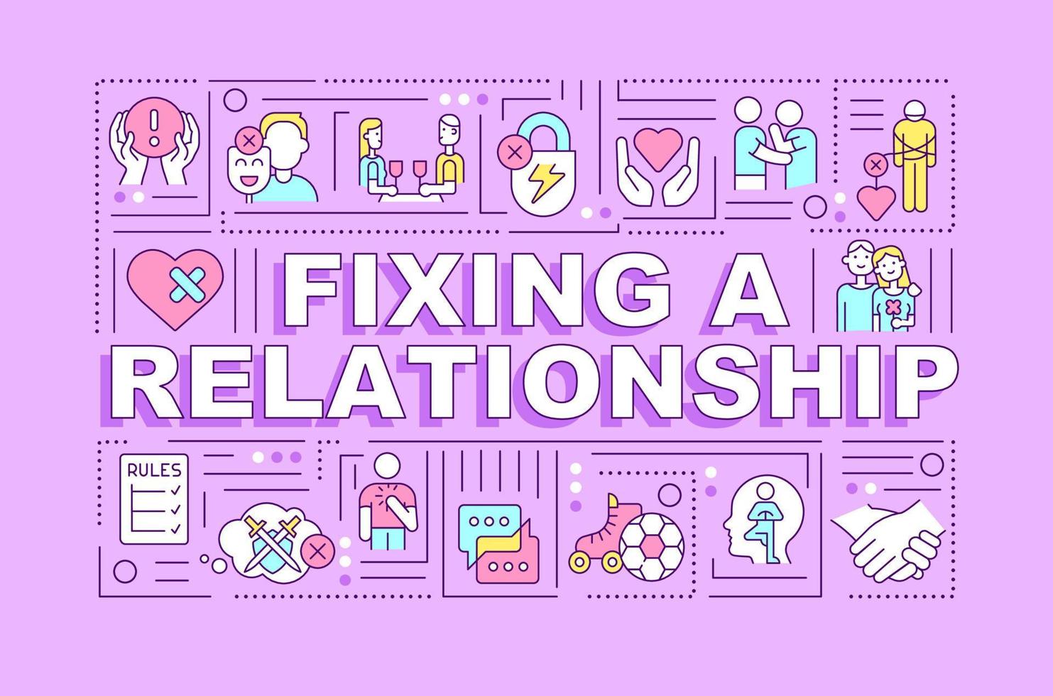 Fixing relationship word concepts pink banner. Making up with partner. Infographics with editable icons on color background. Isolated typography. Vector illustration with text.