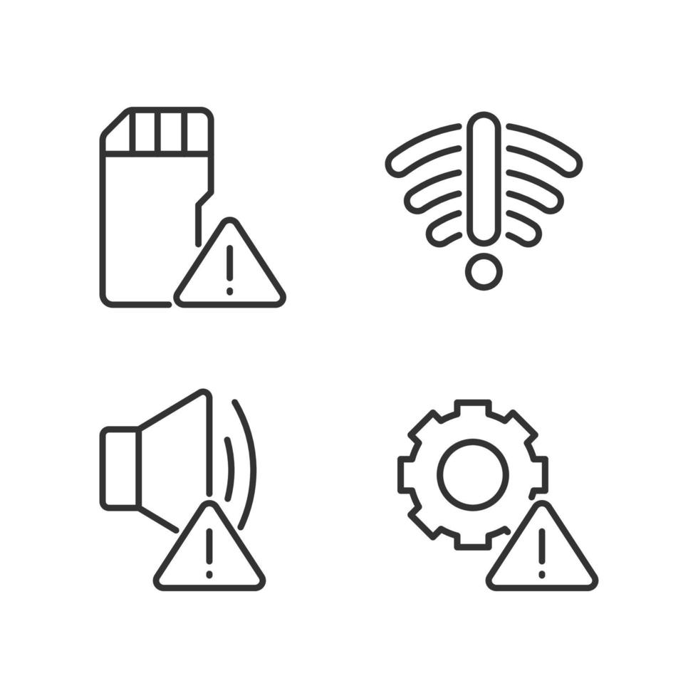Hardware issues pixel perfect linear icons set. Settings problem. Sound device breakdown. Storage capacity issue. Customizable thin line symbols. Isolated vector outline illustrations. Editable stroke