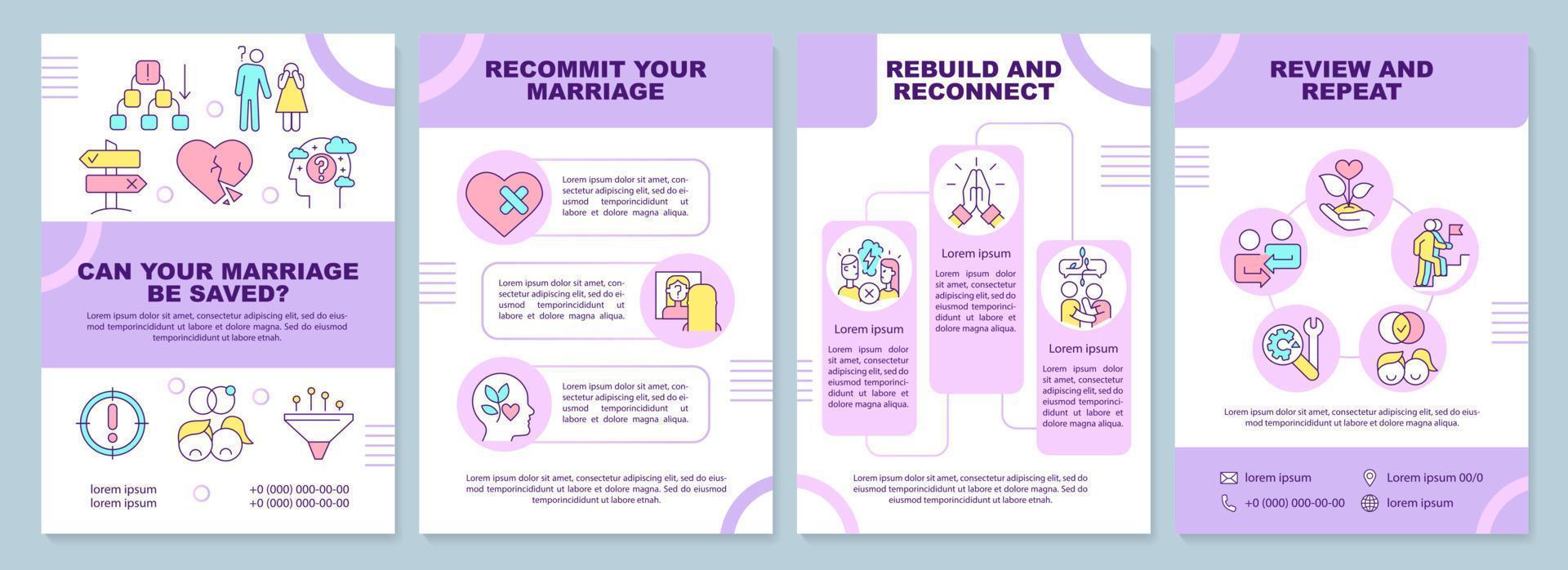 Can marriage be saved purple brochure template. Reconnection. Leaflet design with linear icons. Editable 4 vector layouts for presentation, annual reports.