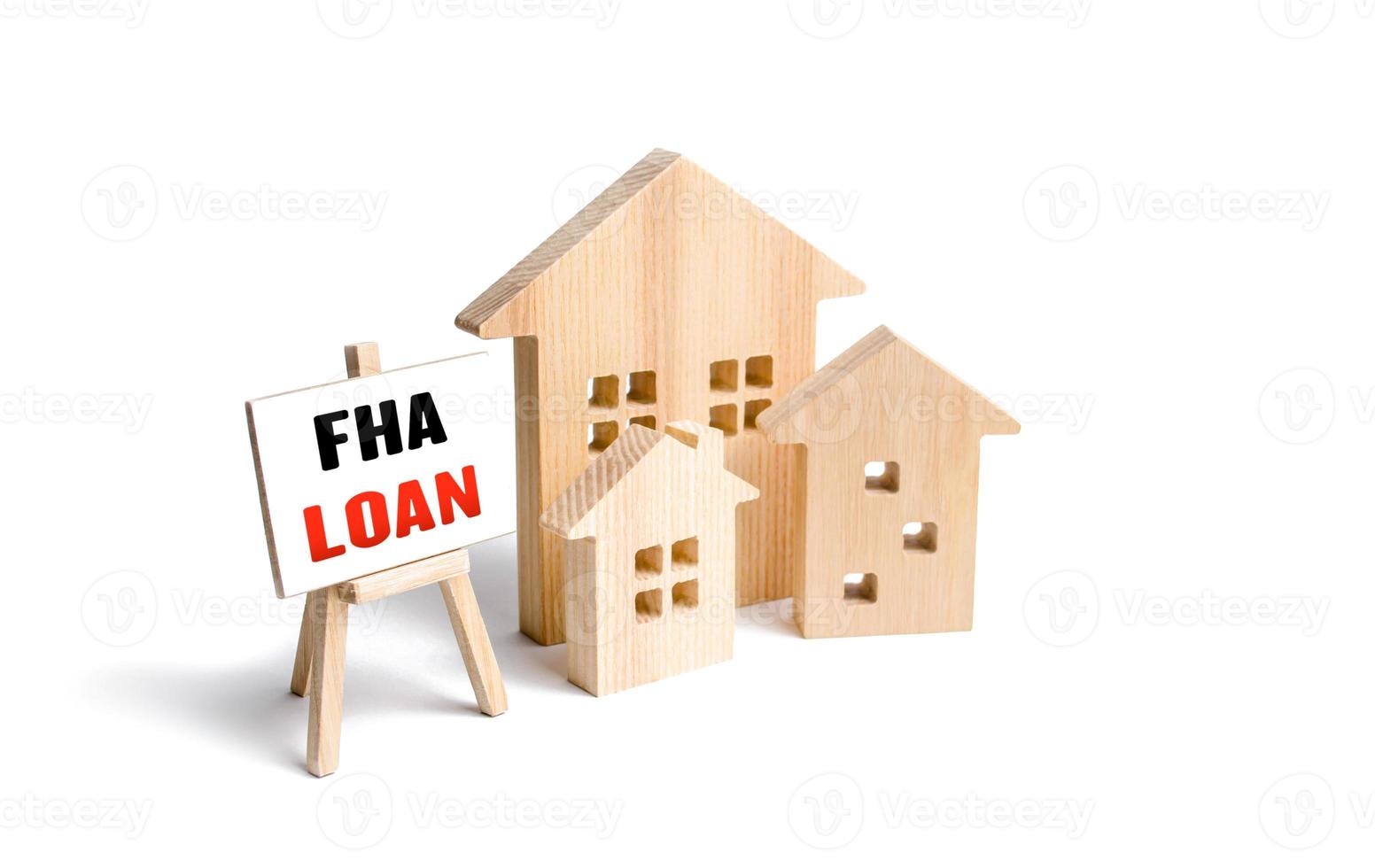 Houses and easel with FHA loan. Mortgage insured by Federal Housing Administration Loan. Affordable loans for borrowers with a low credit score. Down payment. Purchase or refinance a primary residence photo