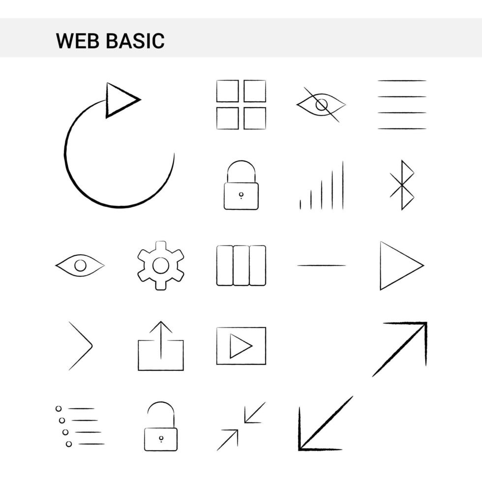 estilo de conjunto de iconos dibujados a mano básicos web aislado en vector de fondo blanco