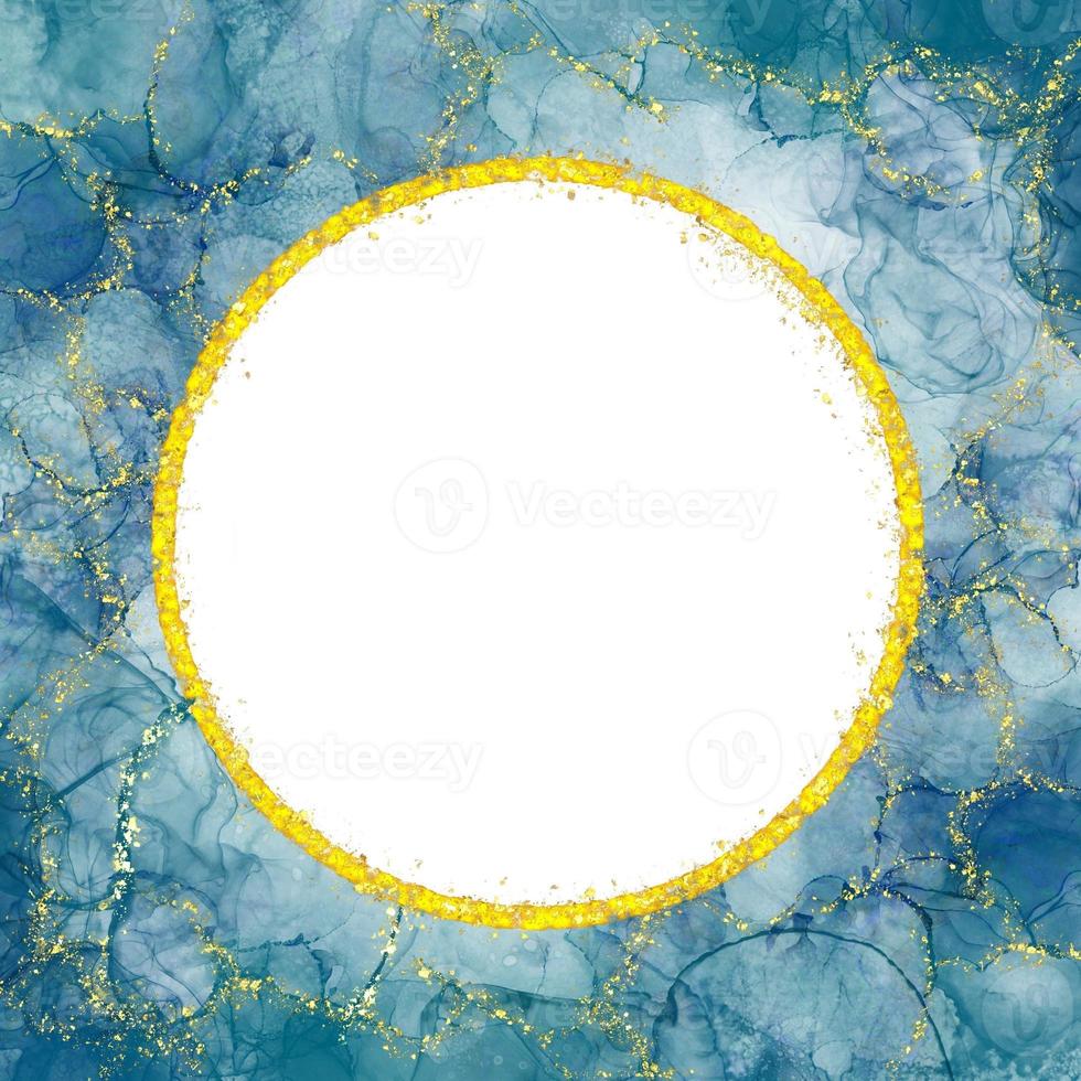 Navy Blue Watercolor Alcohol Ink With Circle Gold Glitter Frame Holiday Bokeh Background photo