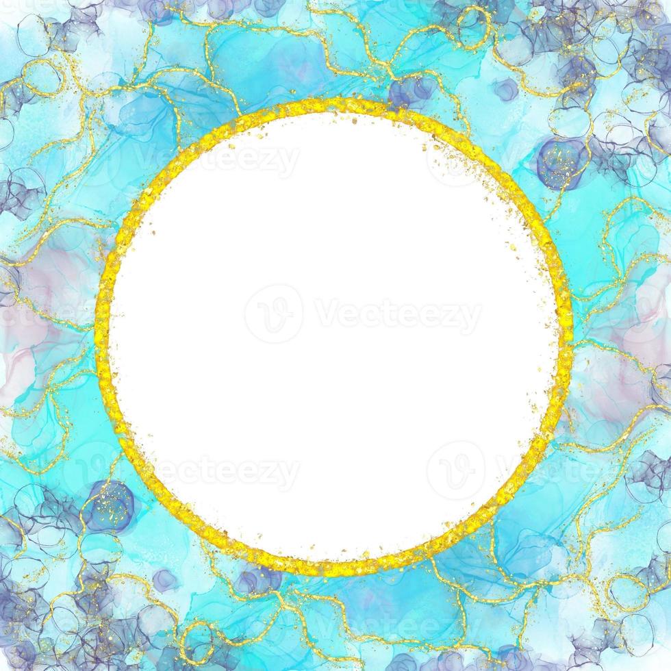 Blue Turquoise Watercolor Alcohol Ink With Circle Gold Glitter Frame Holiday Bokeh Background photo