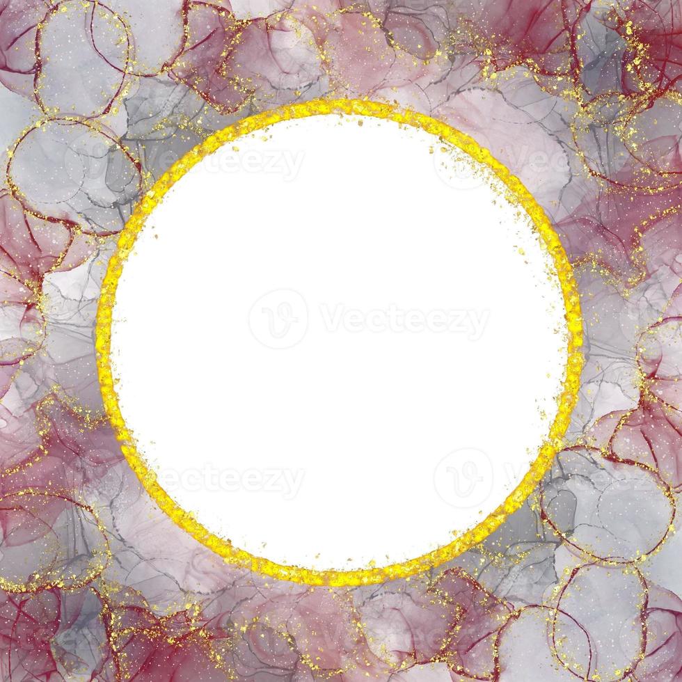 Gray Red Watercolor Alcohol Ink With Circle Gold Glitter Frame Holiday Bokeh Background photo