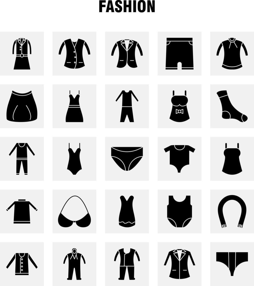 los iconos de glifos sólidos de moda establecidos para infografías kit de uxui móvil y diseño de impresión incluyen camisas, prendas de vestir, vestidos, prendas de vestir, prendas de vestir, colección de telas, logotipo e imagen de infografía moderna vector