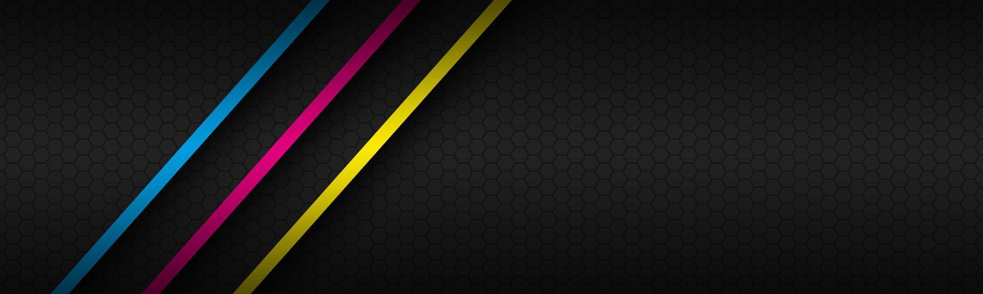 Black modern material header with overlapped layers and diagonal lines in cmyk colors. Template for your business. Vector abstract widescreen banner