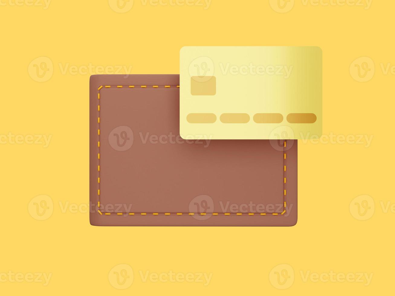 Closed wallet with credit card on yellow background. Payment concept. Savings, enrichment icon. 3d rendering. photo
