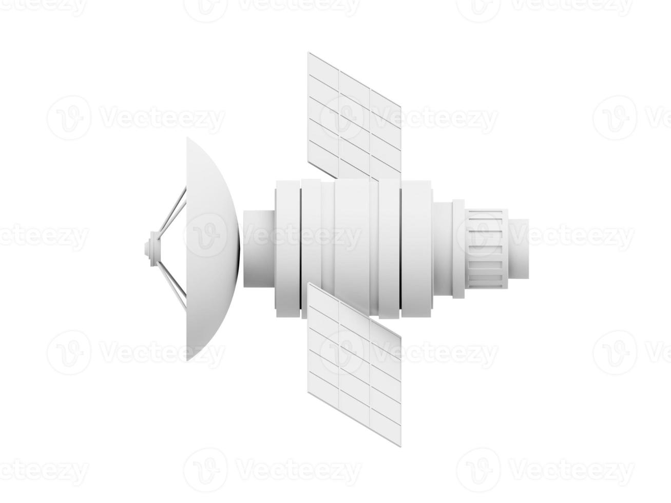 Space satellite with an antenna. Orbital communication station intelligence, research. 3D rendering. Realistic white icon on white color background photo