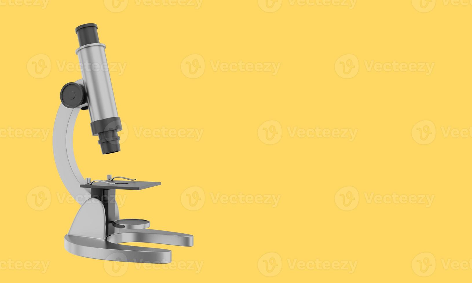 Realistic gray microscope. 3D rendering. Icon on yellow background, text space. photo