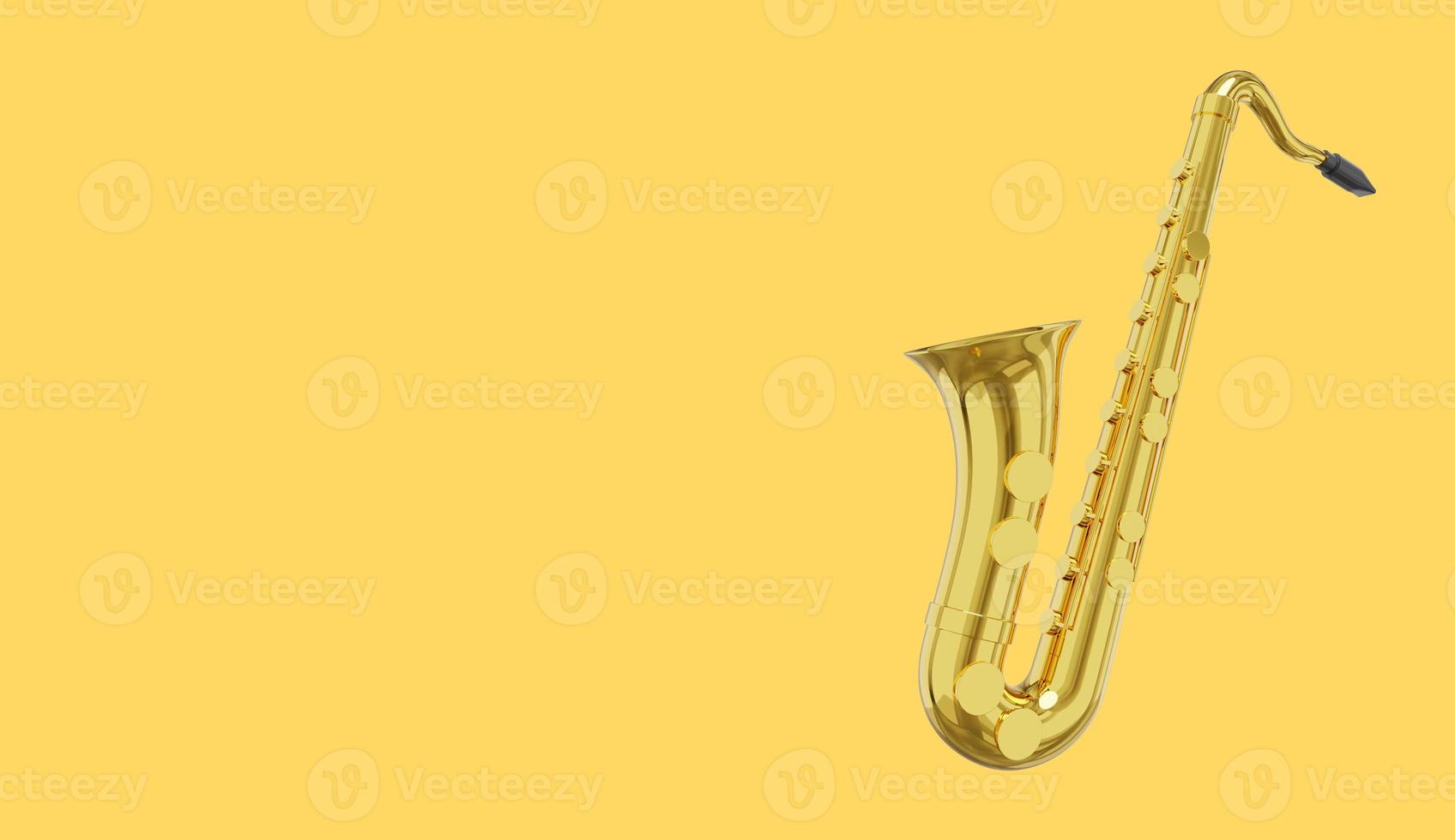 Saxophone gold metal, musical instrument, from side. 3d rendering. Icon on yellow background, space for text. photo